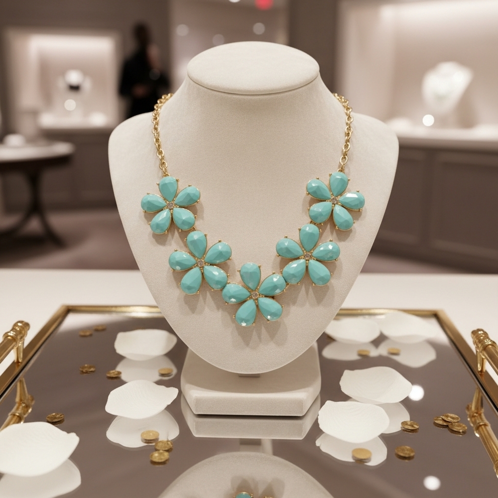 Elegant Green and Gold Necklace with Floral Pendants